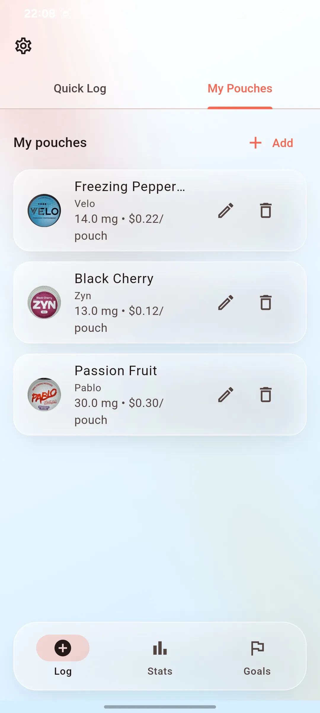 Zynner nicotine pouch tracker screenshot showing custom pouch brands and strengths, including Zyn and Velo
