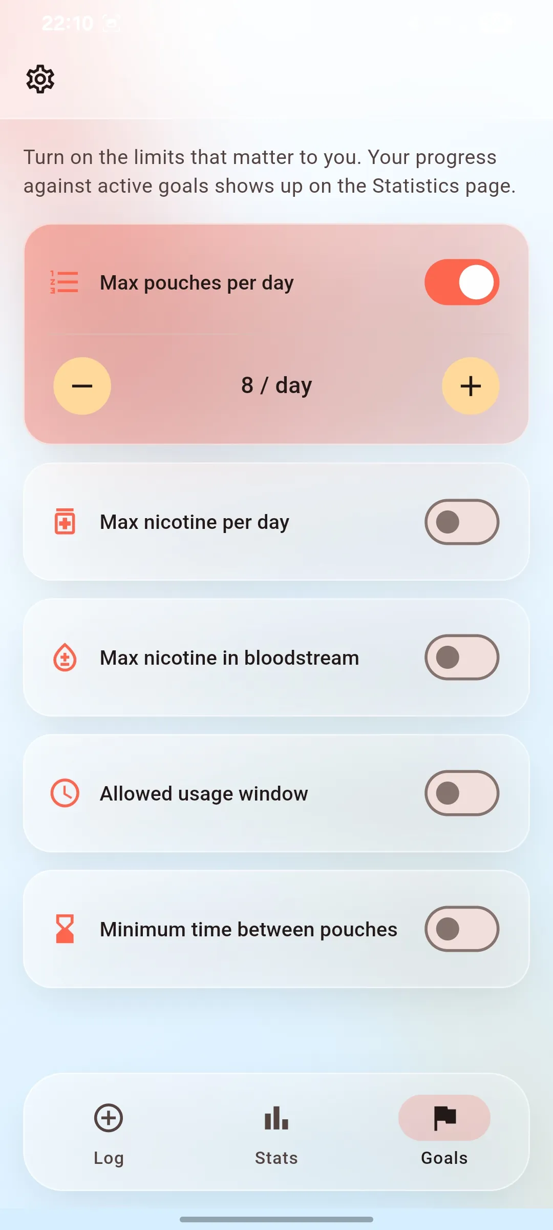 Zynner daily pouch limit app screenshot showing goals and streaks