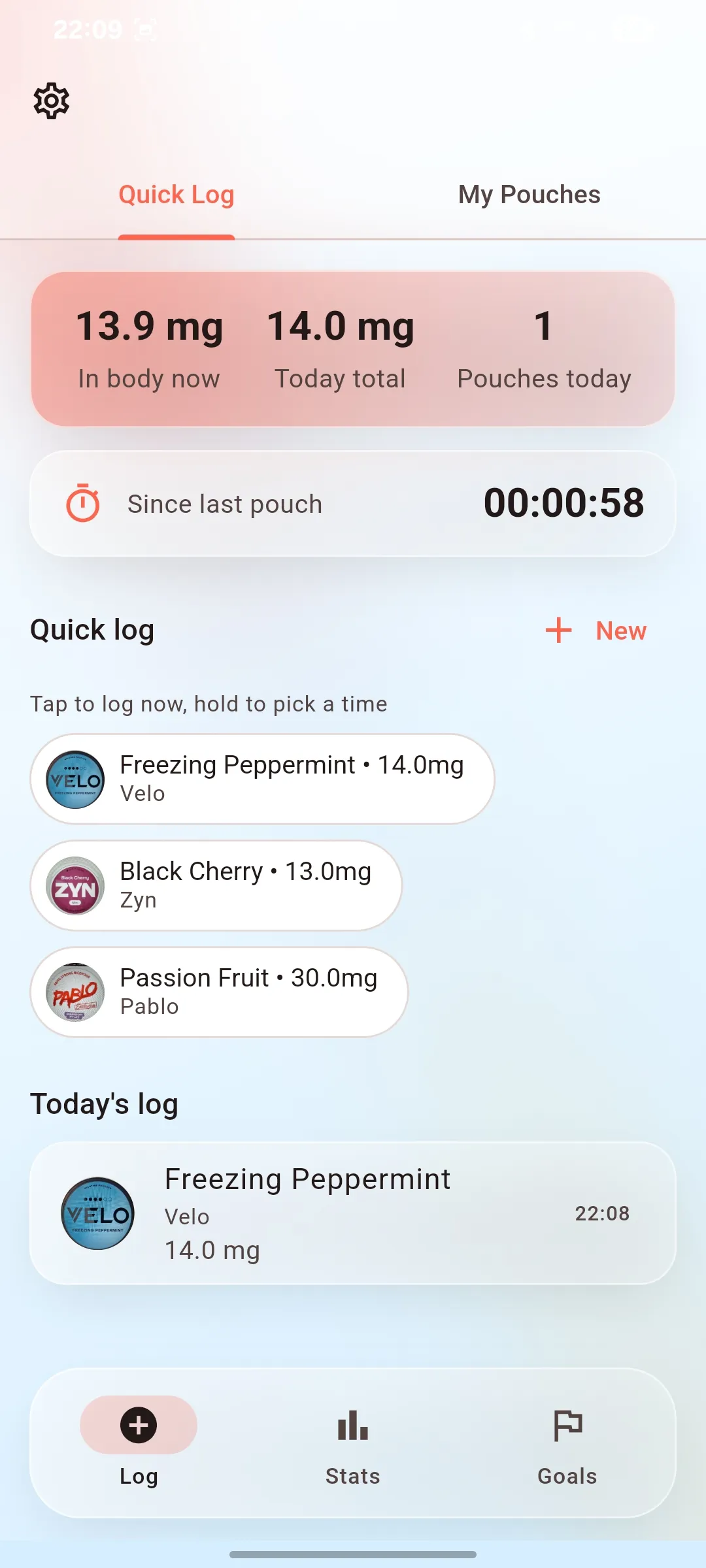 Zynner nicotine pouch log screenshot showing one-tap logging