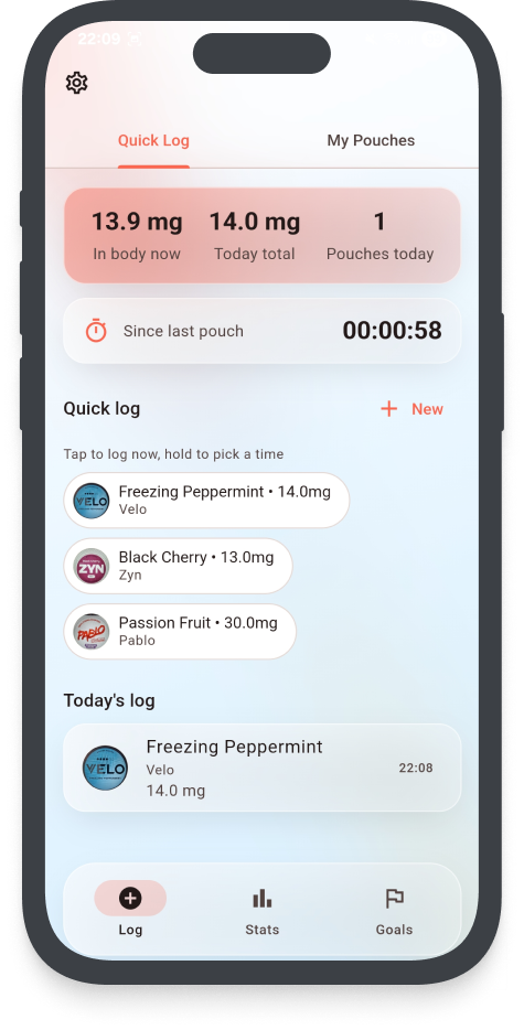 Zynner nicotine pouch tracker screenshot showing quick log and today's nicotine in body